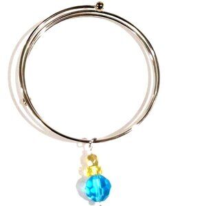 Silver tone Wire Bangle Bracelet Blue Yellow Beaded Charm Elegant Women Jewelry